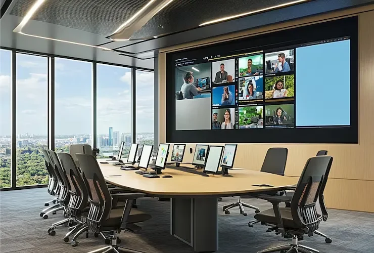 Modern corporate conference room setup with a large wall-mounted display screen, central conference table, and seating.