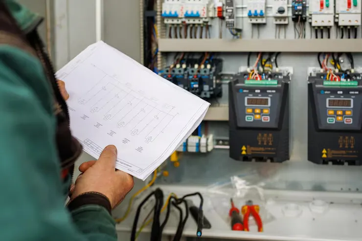 An electrician inspects low-voltage office cabling while reviewing a printed closeout checklist.