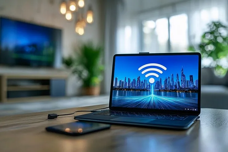 A laptop and smartphone on a table used for Wi-Fi performance testing